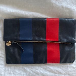 Clare V. Navy Striped Leather Fold-over Pouch